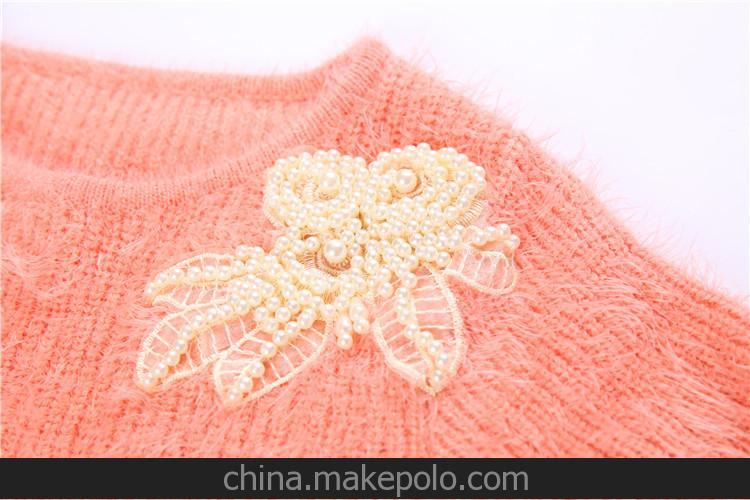 2013新款冬季童裝 女童毛絨羊毛針織衫 領口帶珍珠裝飾毛絨羊毛衫
