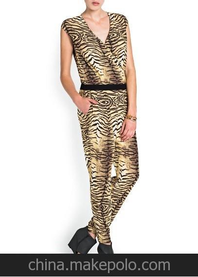 2014歐美MANGO新款豹紋動物印花v領性感連身衣連體褲