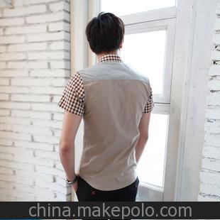 夏裝男士新款夏款潮男韓版修身拼色格子純棉短袖襯衫C202P50