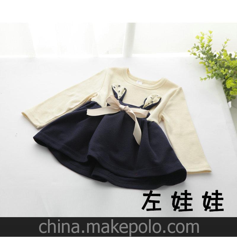 左娃娃 品牌童裝 春季韓版女童裙 純色長袖女童連衣裙批發