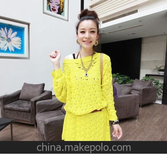淘工廠-貼牌加工 中長款圓領寬松女士鉤花鏤空毛衫連衣裙